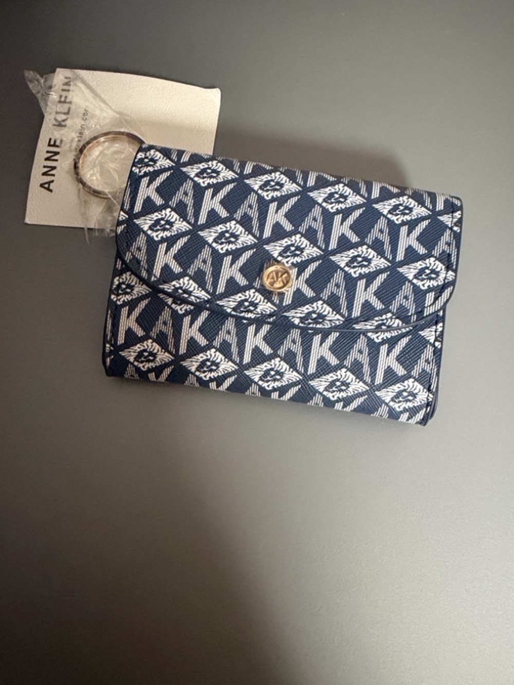 Anne Klein Navy White Monogram Mini Wallet with Gold-Tone Snap